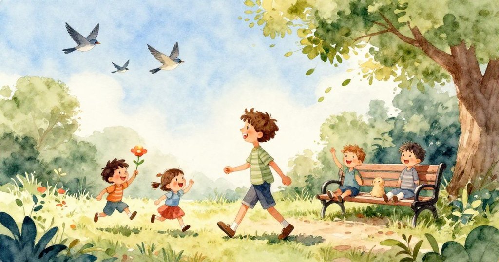 隨鐘聲響起,公園中大人小孩齊聚,驚喜凝視四周,夕陽餘暉中展現出團結暖心的場景。