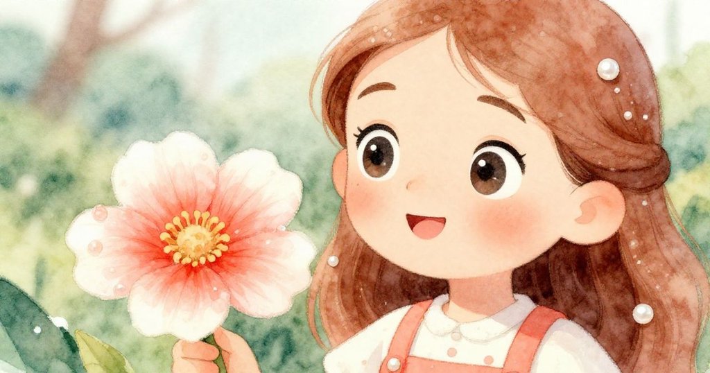 安娜專注凝視手中的鮮花，眼神流露出驚喜與柔情，背景隱約呈現公園中自然美好細節。