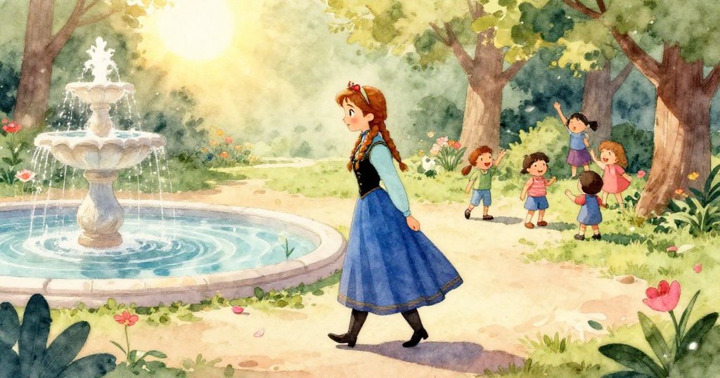 孩子們在樹蔭下歡快玩耍，構圖傾斜帶來動感，樹葉隨風飛舞，展現午後活力與意外樂趣。