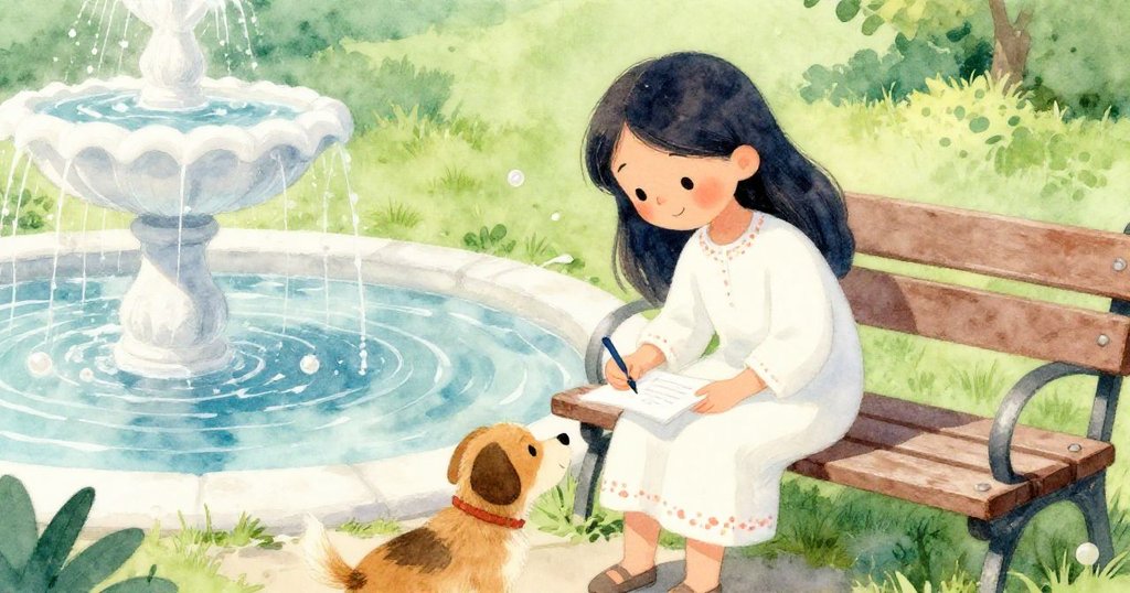 安娜在陽光下於噴泉邊書寫與撫摸流浪狗，記錄中午公園中溫暖又細膩的瞬間。