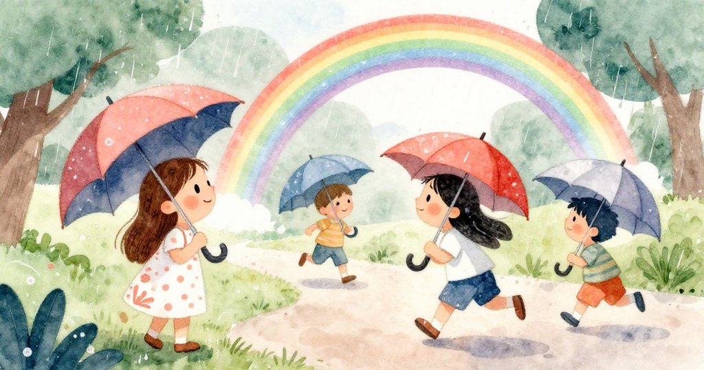 雨中安娜凝望彩虹悄然升起，孩子們撐傘急行於小徑，場面展現懸念與細膩變化的自然魅力。