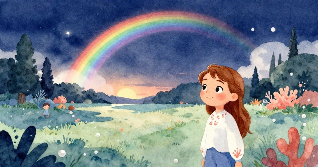 傍晚安娜站在寧靜公園中，微笑回憶一天精彩瞬間，夕陽與淡彩虹營造出滿足與希望的溫暖景色。