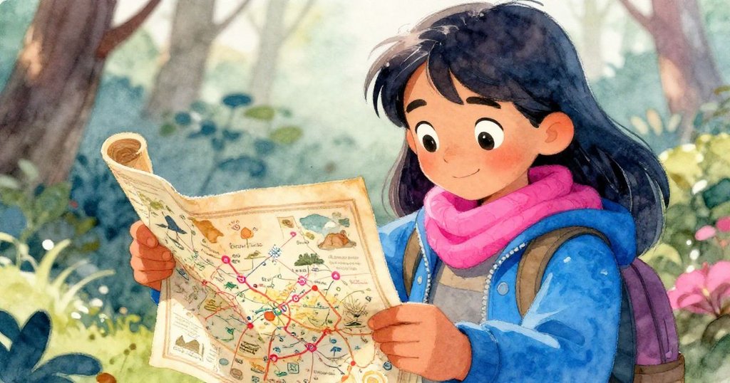 黎安仔細檢查古老地圖，手持地圖展現神秘符號，光線溫柔映出森林背景，充滿驚奇與決心。