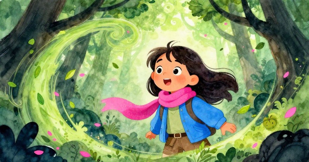 黎安在森林中被輕風與旋轉落葉驚嚇，臉上流露出驚奇與緊張，背景呈現夢幻般酸綠與深黑色調。