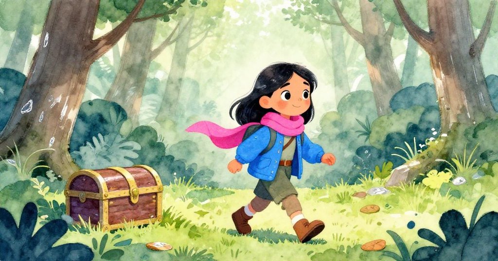 黎安走進充滿晨光的森林空地，發現隱藏於落葉中的神秘寶箱，眼神充滿好奇與期待。