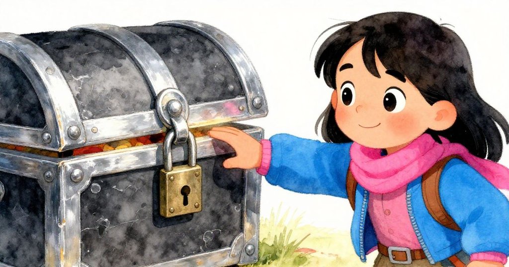 黎安在清地前伸手觸碰古老寶箱，鎖扣年代斑駁，她的臉上充滿期待與謹慎。