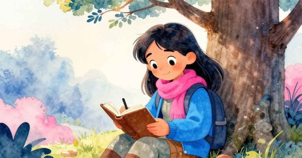 黎安坐在古樹旁記日記，溫暖晨光籠罩著她，記錄神奇早晨後與清地依依告別，心懷希望。