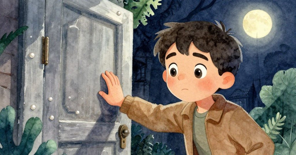 Julian專注地按壓著古老之門的門把手，面帶好奇與決心，在微暖燈光映襯下呈現出神秘與期待