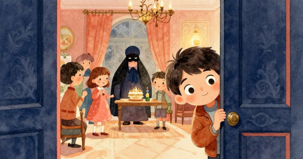 從微開的門洞望入室內，Julian好奇凝視溫暖燈光中熱鬧的人群與神秘面具嘉賓，慶典氣氛濃厚