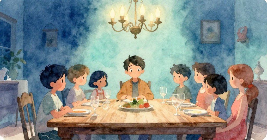 在柔和燈光下，Julian與嘉賓們平靜安坐於老木桌旁，室內充滿溫暖與寧靜，慶典漸入尾聲