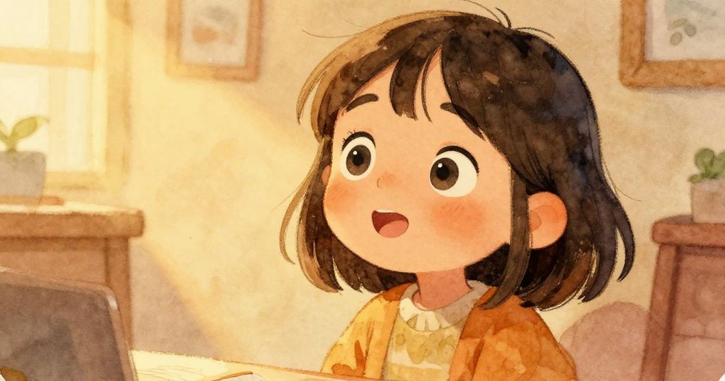 米婭凝視著小灰貓,眼中透露驚喜與好奇,溫暖燈光映襯著客廳背景。