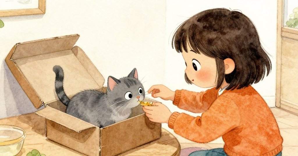 從米婭肩後視角看見她溫柔地餵食並撫摸小灰貓,旁邊是打開的棕色箱子,室內充滿溫暖氣息。