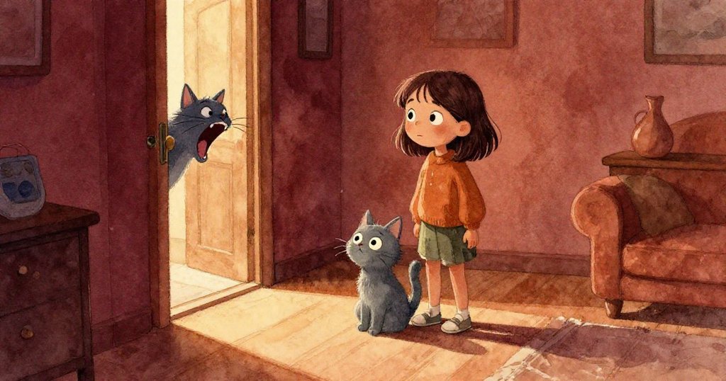 米婭與小灰貓於日暮時分在客廳中驚呆,伴隨深沉低吼和搖動的門扉,燈光呈現勾人陰影。