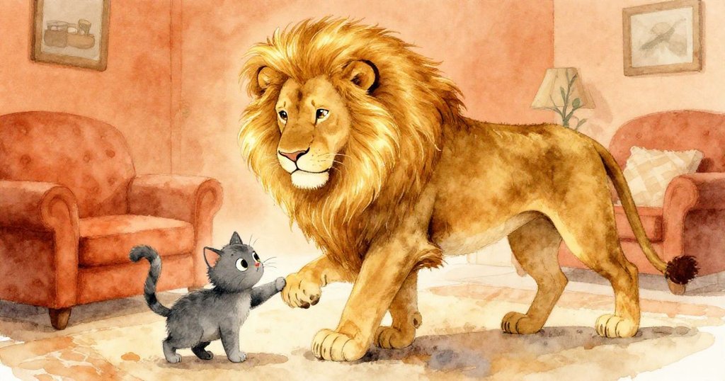 金色獅子優雅進入客廳,鬃毛輕觸天花板,小灰貓好奇地靠近並觸碰獅子巨大爪子,畫面充滿神奇感。