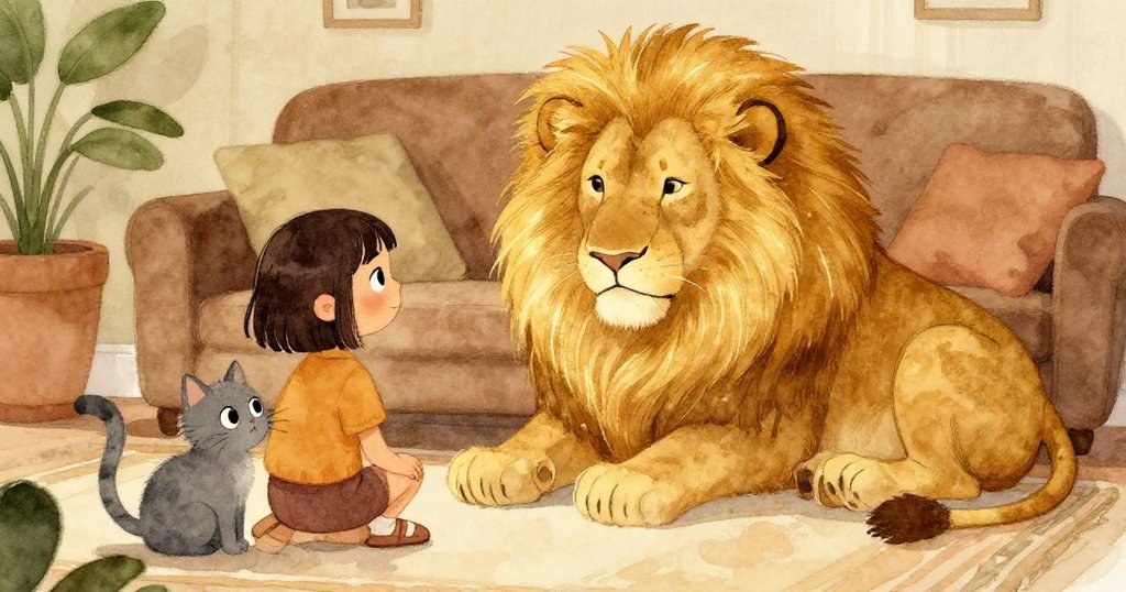金色獅子緩緩退場,米婭和小灰貓靜靜守候,溫暖客廳恢復平靜,充滿熟悉與安寧的氛圍。