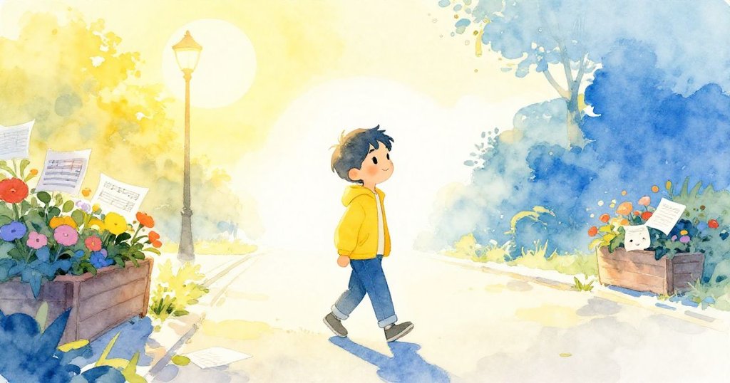 Sam在Maple Avenue上行走，晨光中呈現剪影，背景有花箱和音樂，充滿期待與好奇，開啟冒險旅程。