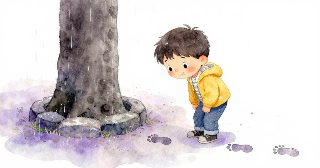 Sam低頭觀察空石座周圍的濕腳印，雨後地面閃爍光芒，充滿好奇且尋找答案，氣氛神秘而期待。