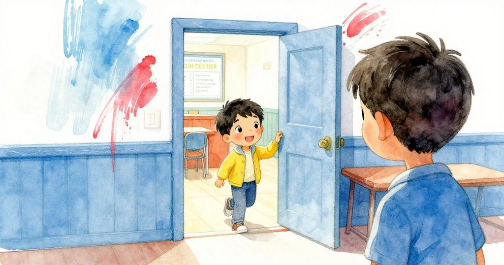 Sam從背後走向社區中心入口，半開的門與彩繪牆面充滿生機，表情期待且興奮，邁向新奇發現。