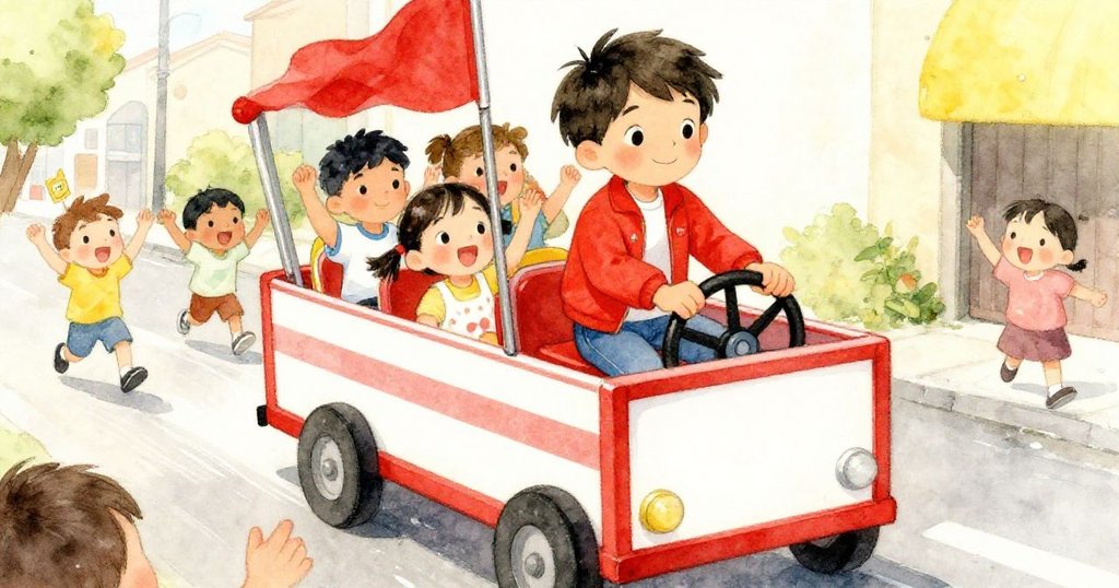 Sam穩握花車輪子，孩子們環繞歡呼，雨後街道映出水坑光芒，表情專注興奮，氣氛緊張而喜悅。