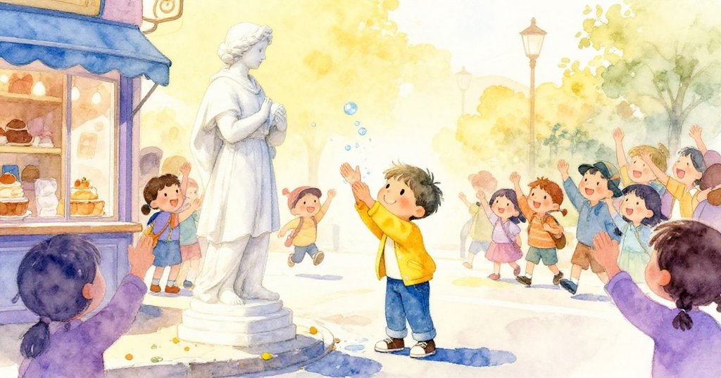 Sam在麵包店前拭去石像上水泡，孩子們歡呼慶祝，夕陽餘暉灑落溫暖，充滿圓滿與感激，結局溫馨。