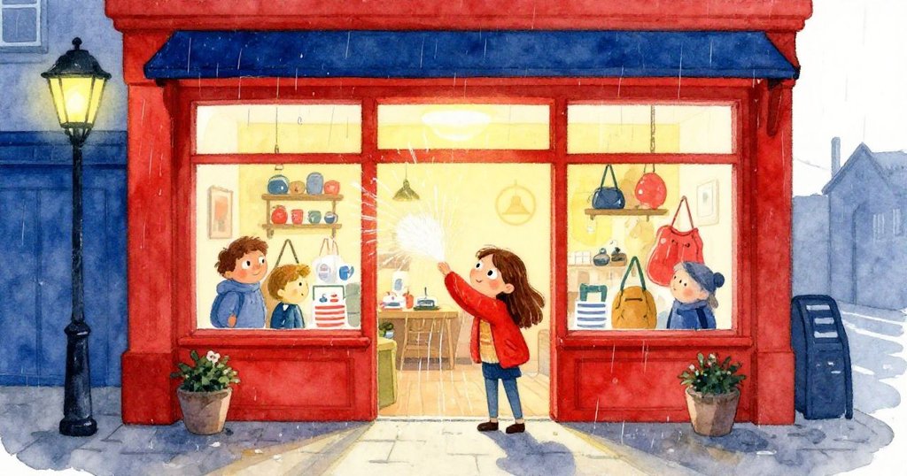 在雨夜裡，諾拉進入楓樹書店，濕透外套隨身抖落水滴，窗外雨點輕敲玻璃，神情期待又興奮