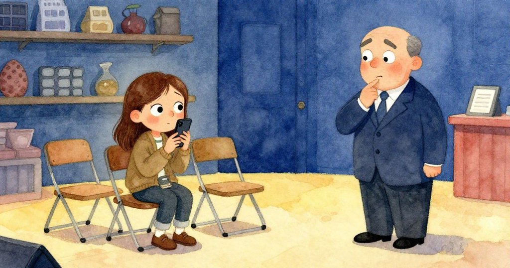 在小舞台閱讀角中，諾拉匆忙就座，手機輕顫，主持人清喉啟動詩會，氣氛緊繃而溫馨