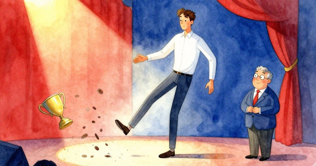 在閱讀角舞台上，高個參賽者不慎絆倒，獎盃破裂，巧克力幣飛散，引發全場驚呼與歡笑的戲劇性瞬間