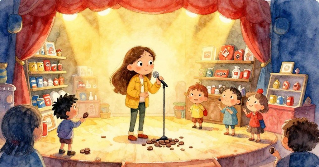 在溫暖燈光中，諾拉雙手持手機記錄現場餘韻，舞台上散落著金色巧克力幣，故事氣氛持續流動與神奇