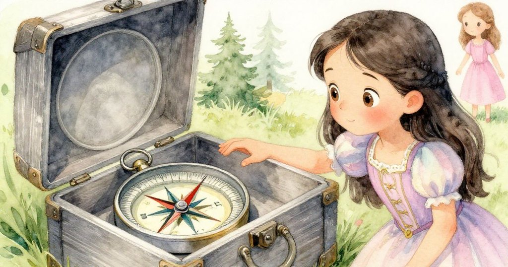 Helena輕觸老舊指南針，回憶童年尋寶時光，細膩光影中顯露溫柔與期待。