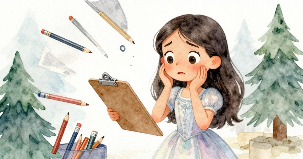 Helena在後台忙亂中蹲下撿拾掉落文件與鉛筆，神色交織著焦慮與決心，現場充滿緊張氣氛。