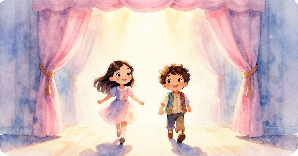 Helena與Leo肩並肩走向開放舞台，從滑動簾幕中透出希望光芒，展現新的開始與堅定信心。