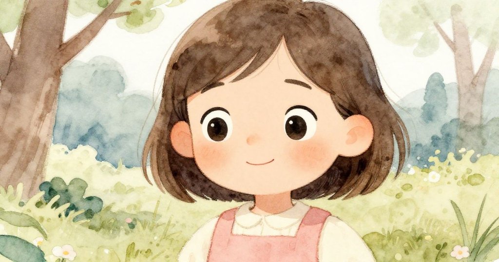 特寫畫面展現 Anna 專注且充滿期待的臉龐，她準備在春天的庭院裡展開挖掘冒險。