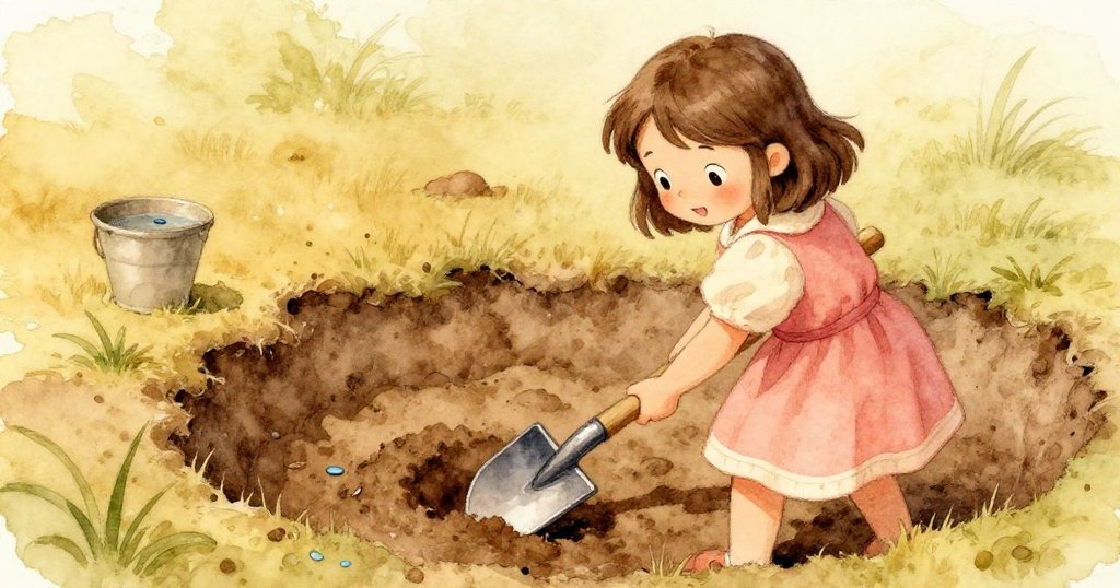 從背後視角看見 Anna 正小心操作鏟子挖掘土壤，旁邊放著盛滿清水的桶，充滿好奇與細膩動作。