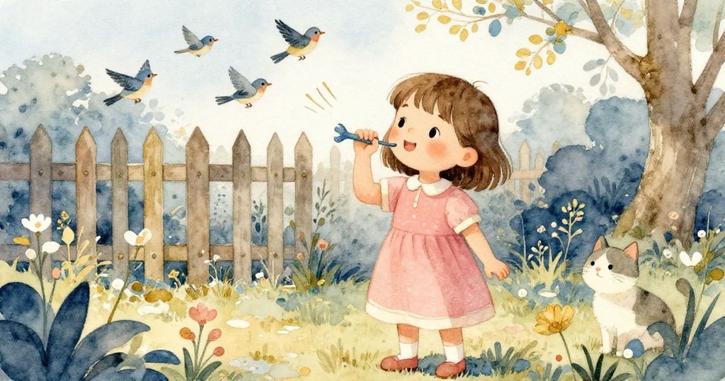 陽光充沛的春日庭院中，Anna忙碌哼唱，鳥兒飛舞籬笆上方，鄰家貓靜靜觀望，氣氛生機與溫馨相融。