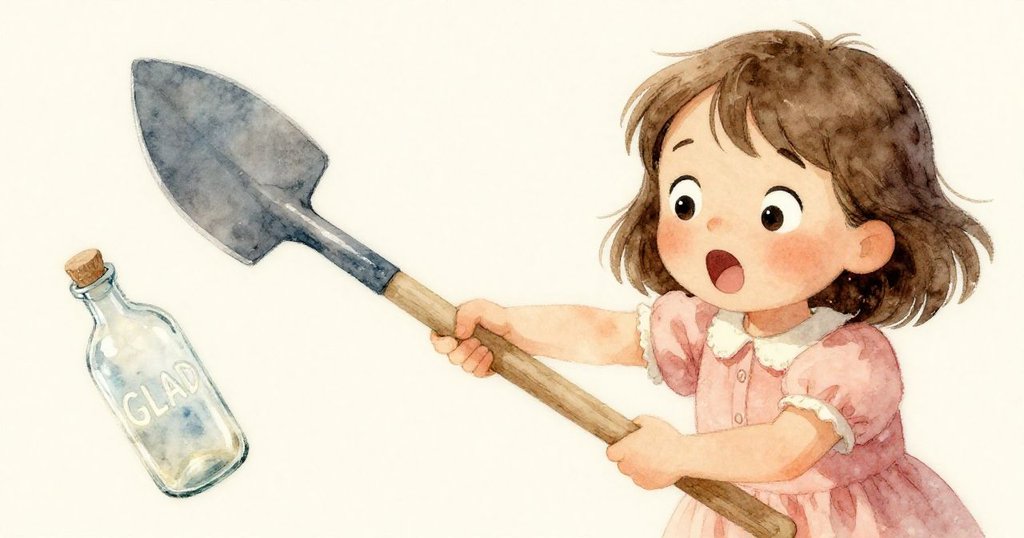 Anna埋土時鏟子意外擊中發光玻璃瓶，瓶身閃爍著GLAD字樣，瞬間驚喜流露在她充滿好奇的臉上。