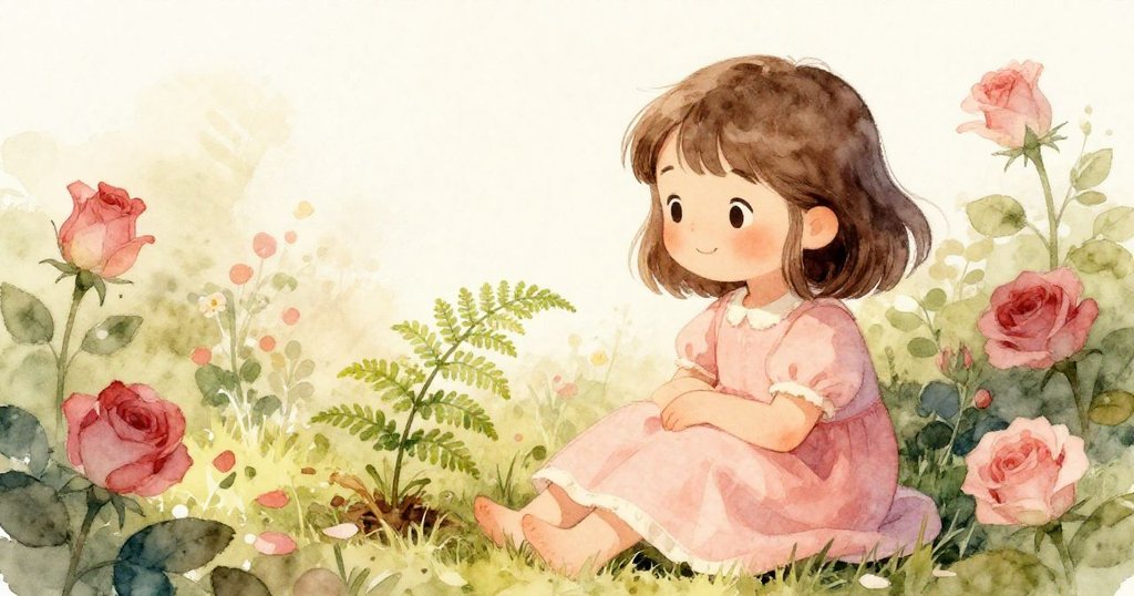 在寧靜春日午後，Anna靜坐休憩，注視著剛冒出嫩綠小蕨，內心充滿平和與滿足，環境溫馨安靜。