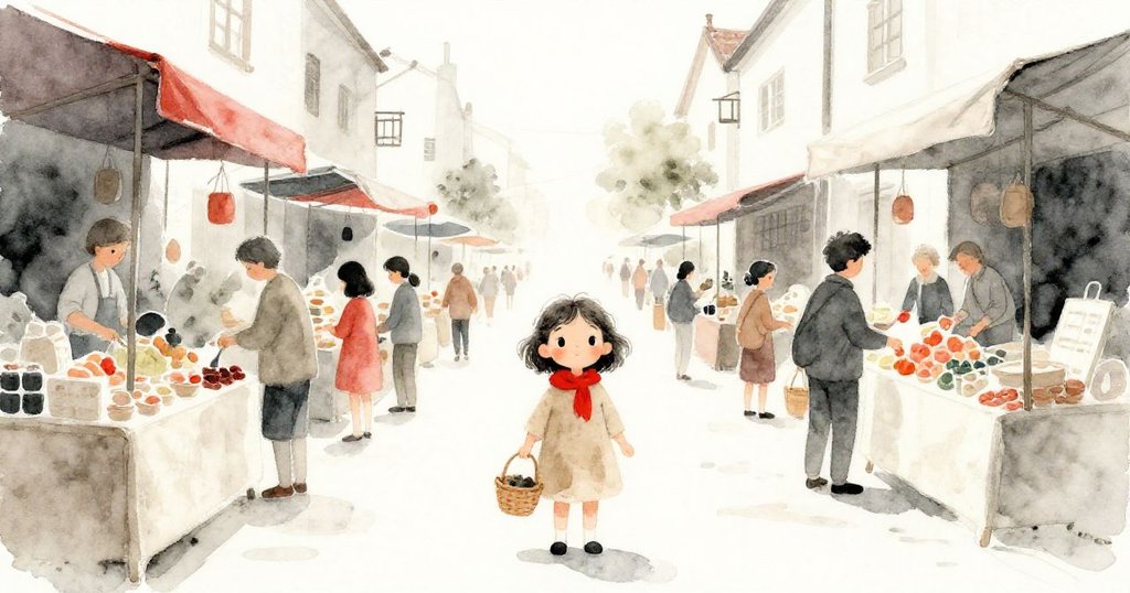 小女孩在繁忙市集等待，手持小籃子，市場攤位排列整齊，人群熙攘，環境充滿溫暖陽光