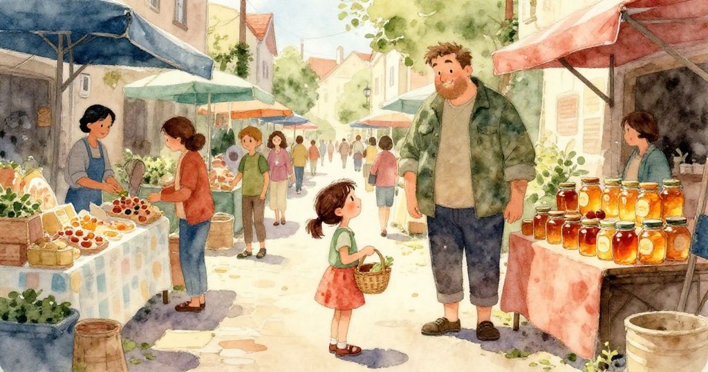 小女孩特寫眼神，表情專注期待，背後隱約顯現市集繁忙情景，充滿溫柔光芒