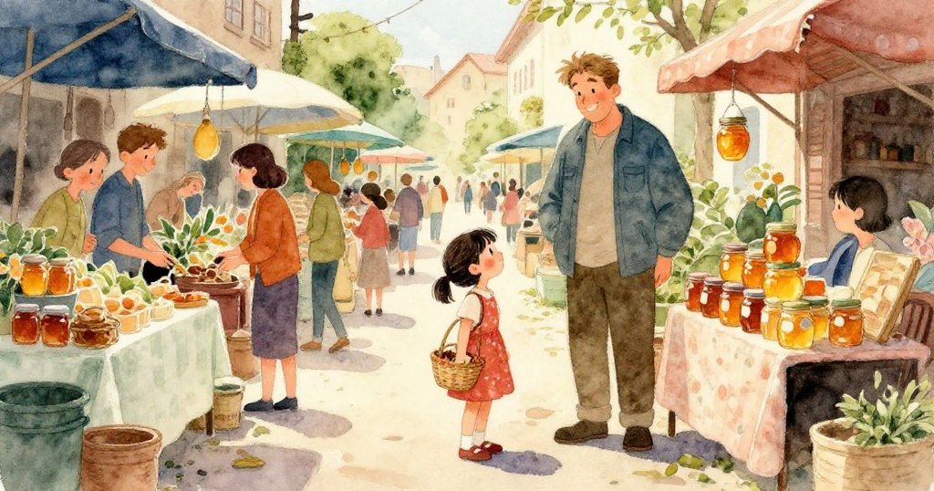 透過玻璃窗看市場攤位，紅色圍巾隨風輕拂，帶動蜂蜜瓶向邊緣滑動，畫面充滿細膩情境