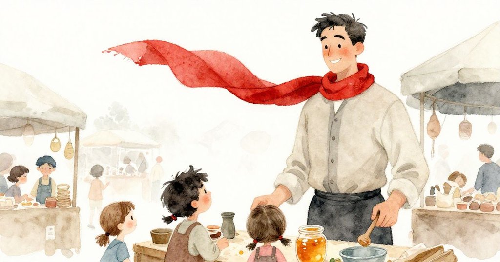 從高處俯瞰市場，獵人微笑著管理攤位，紅色圍巾和滑動的蜂蜜瓶在陽光下展現動態畫面