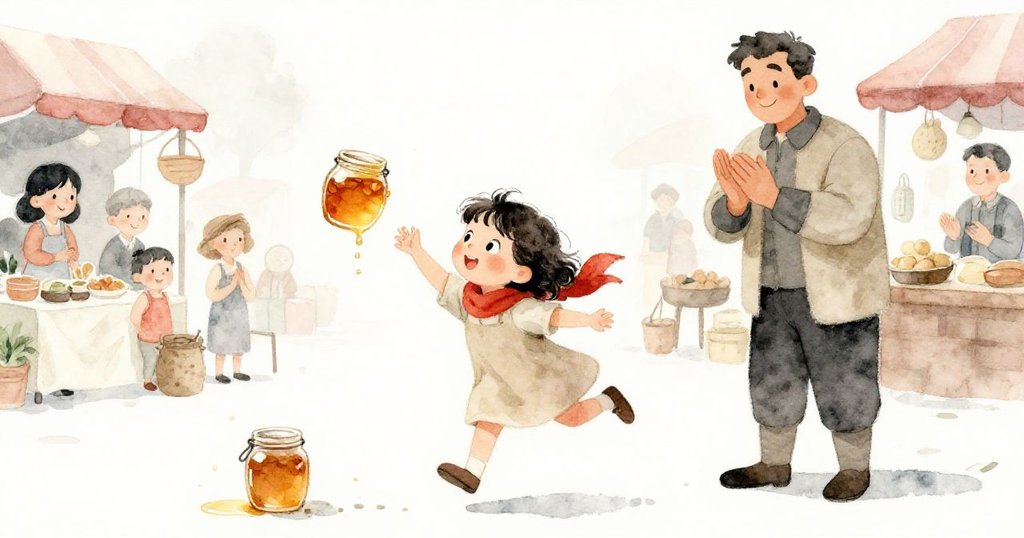 小女孩奮力躍起抓住滑動的蜂蜜瓶，獵人開心鼓掌，市集中傳達出果斷與快樂瞬間