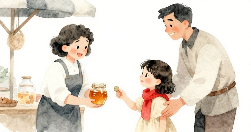 市場尾聲呈現象徵性場景，獵人遞出蜂蜜瓶，小女孩禮貌回應以硬幣，兩人臉上流露出真誠與感激