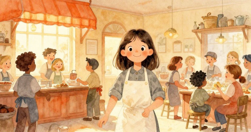 Lena在溫馨麵包店忙碌，眾多同事互動，清晨光線灑在老式內部，臉上流露專注與喜悅，展現傳統活力。