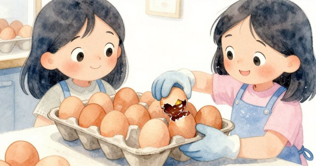 Lena用布手套小心托起裝有雞蛋的紙盤，細緻展現蛋殼裂痕中透出黑巧克力與金票，神情專注。