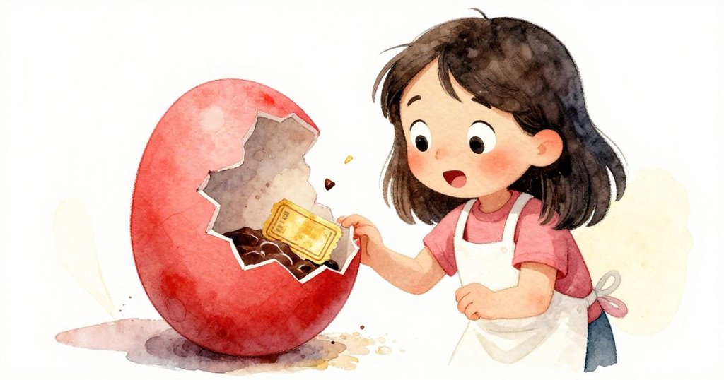 Lena驚訝地凝視裂蛋中透出黑巧克力和金票，傾斜視角突顯意外發現，臉上充滿好奇與驚喜。