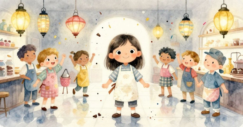 Lena與同事在麵包店內迎入，彩燈、紙屑與巧克力碎片映在如水般亮麗的地板上，氣氛奇幻動感。