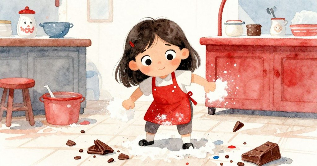 Lena滿懷堅定卻略帶沮喪的神情努力清理散落在地板上的巧克力與紙屑，動作充滿奮鬥與希望。