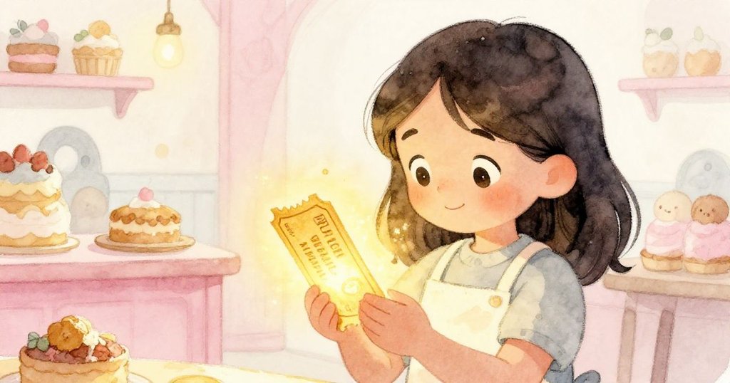 Lena凝視著手中閃光金票，臉上流露希望與柔和情感，近拍呈現麵包店柔美氛圍與新起點象徵。