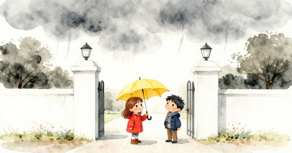 Lena與Tom在城市動物園大門前準備入園，天空低垂著灰雲，兩人面帶微笑並交流天氣，背景安靜而寬闊。