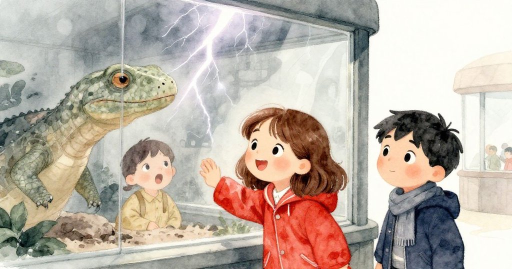 Lena與Tom在爬蟲館中驚訝看著玻璃反射出閃電光芒，其他遊客亦露出驚訝表情，室內燈光與影子交織。